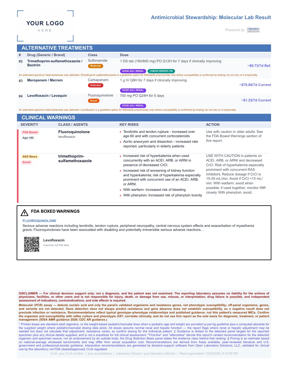 Page 2 of 3 of the sample report: Urine: ESBL Klebsiella, penicillin allergy
