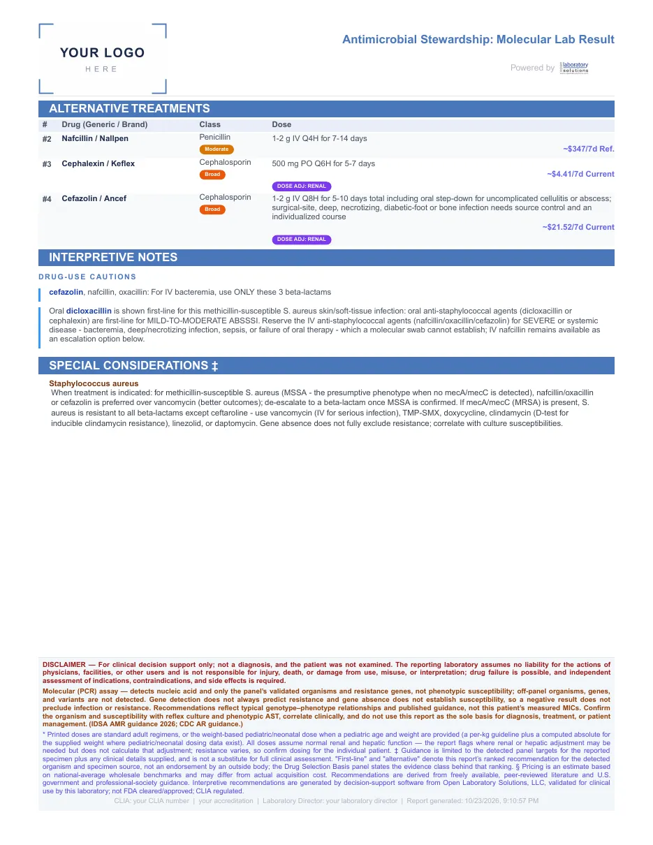 Page 2 of 2 of the sample report: Wound: MSSA