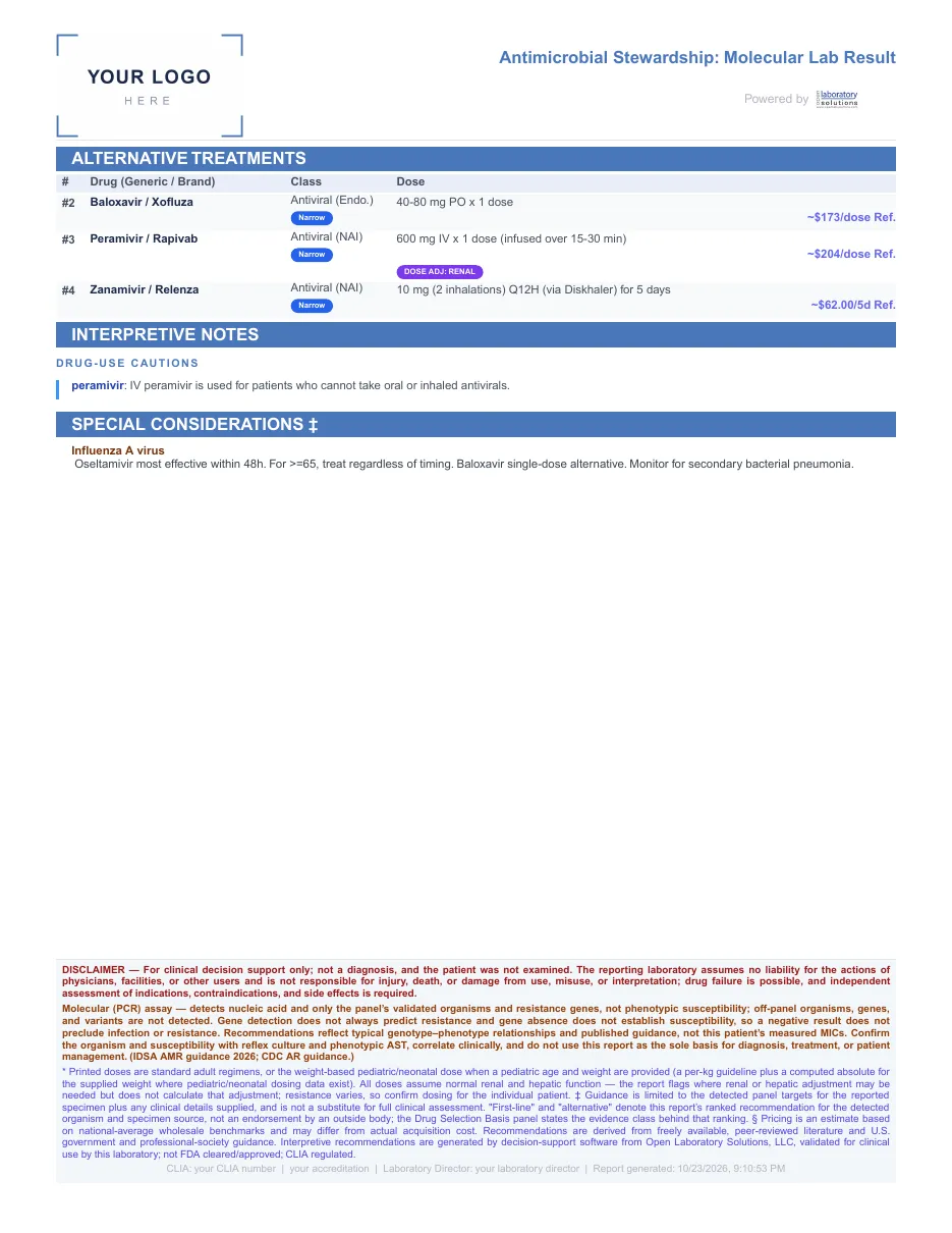 Page 2 of 2 of the sample report: Respiratory: influenza A