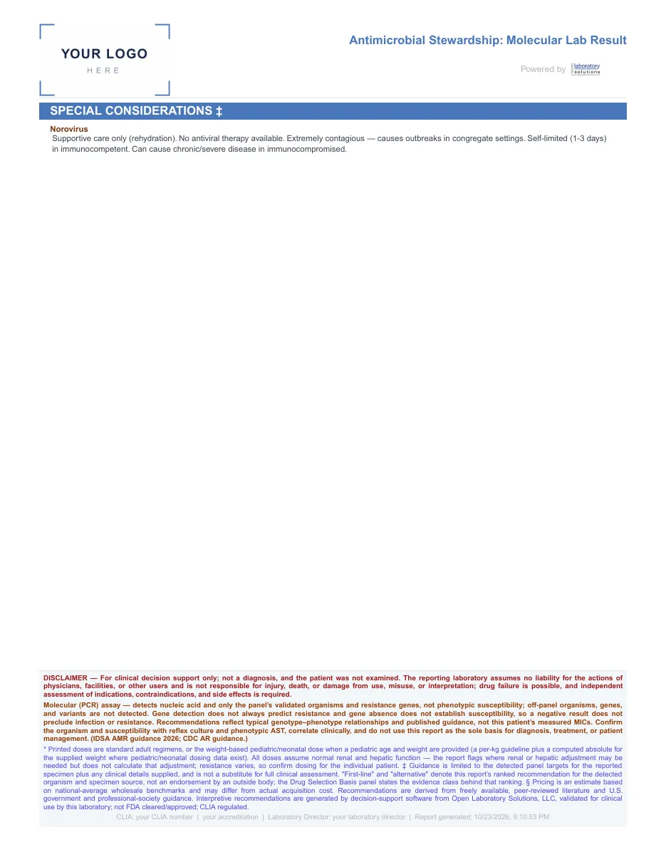 Page 2 of 2 of the sample report: Stool: norovirus