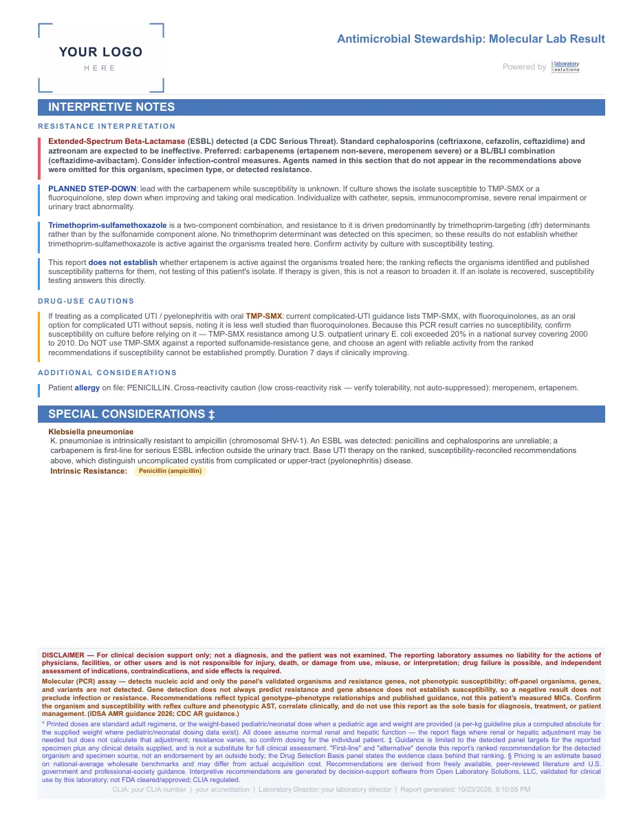 Page 3 of 3 of the sample report: Urine: ESBL Klebsiella, penicillin allergy